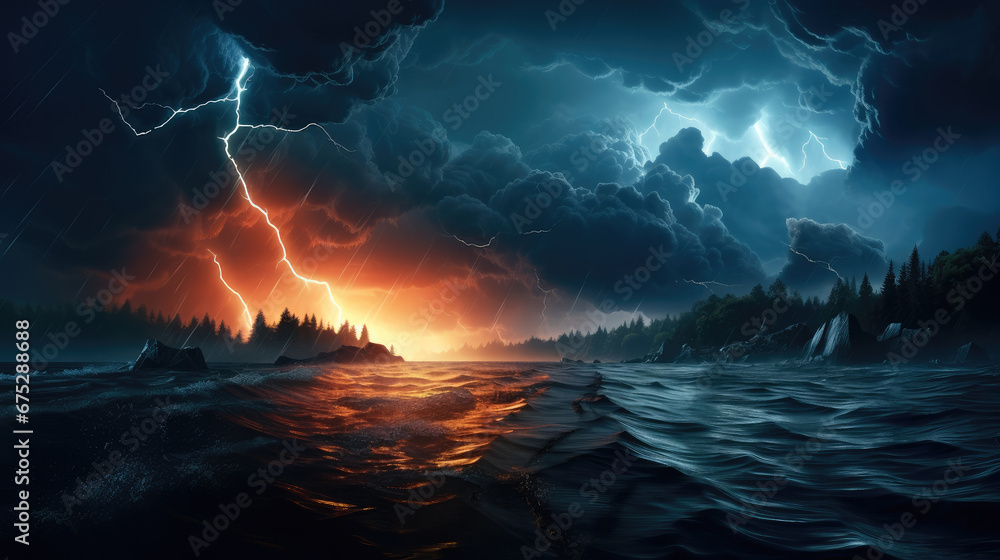 Fototapeta premium A fierce flash of lightning over the sea at night in the tempestuous sky.