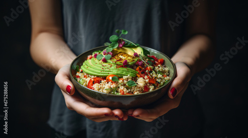 Woman holding a bowl of quinoa salad with avocado.