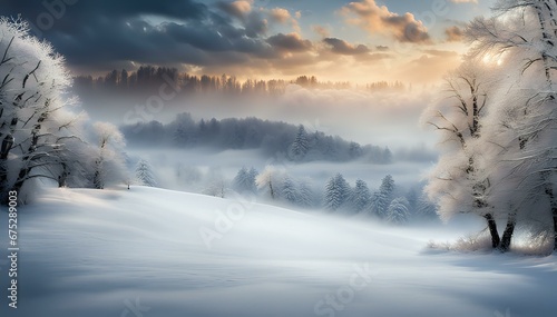 Winter landscape with snow. Beautiful christmas panorama with fresh powder snow.
