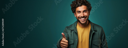 Young man smiling and making a positive gesture with his hand with thumbs up. Guy making like gesture with his hand dressed casually and on flat green background with copy space. Hispanic, Latino man. photo
