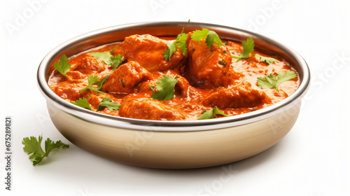 Indian butter chicken curry in Balti dish isolated on white background
