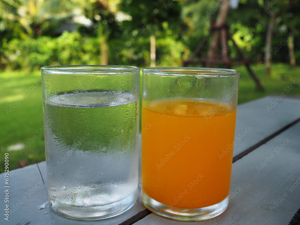 Drinking water and freshly squeezed orange juice in clear glasses Place it on the dining table with a blurry green garden background. Homemade orange juice has a sweet and sour taste good for health
Drinking water and freshly squeezed orange juice in clear glasses Place it on the dining table with a blurry green garden background. Homemade orange juice has a sweet and sour taste good for health