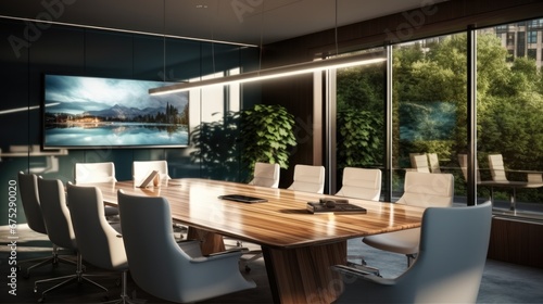 Modern conference room with flat screen tv, Long table, Contemporary chair