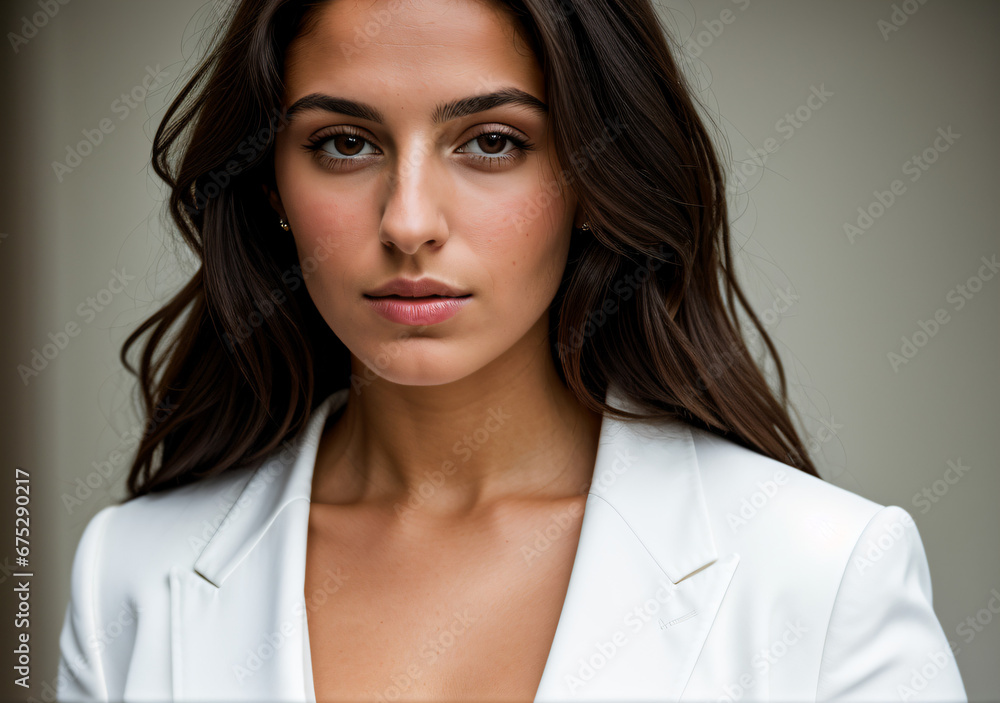 Closeup portrait of a brunette woman in white suit Closeup portrait of a brunette woman in white suit