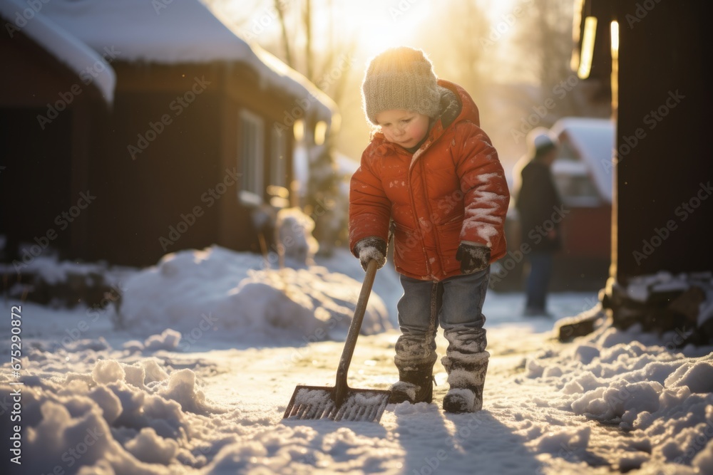 A child plays with a snow shovel in the yard A child plays with a snow shovel in the yard