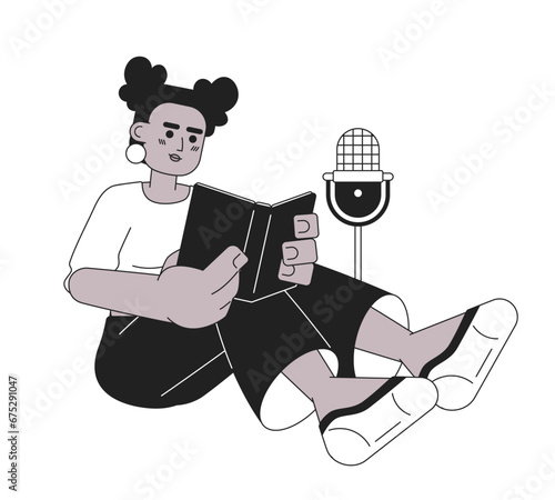 African american woman reading book on microphone black and white 2D cartoon character. Black girl audiobook narration isolated vector outline person. Recording monochromatic flat spot illustration