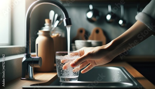 Human hand filling clear glass cup with water from kitchen tap