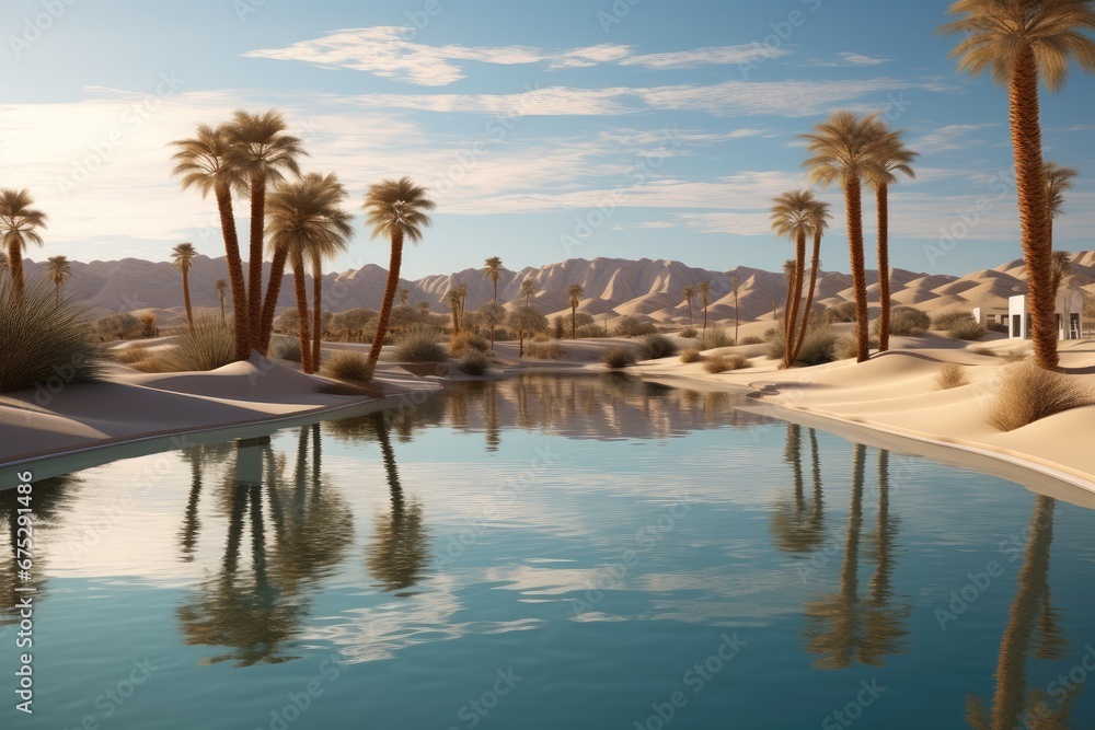 A desert oasis with palm trees and a tranquil pool reflecting the surrounding sand dunes.