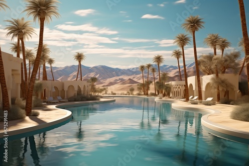 A desert oasis with palm trees and a tranquil pool reflecting the surrounding sand dunes.