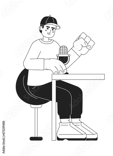 Baseball cap man speaking into microphone podcast black and white 2D cartoon character. Male sitting at table isolated vector outline person. Radio announcer monochromatic flat spot illustration