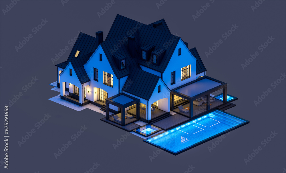 3d rendering of cute cozy white and black modern Tudor style house with parking and pool for sale or rent with beautiful landscaping. Fairy roofs. In the night Isolated on black 3d rendering of cute cozy white and black modern Tudor style house with parking and pool for sale or rent with beautiful landscaping. Fairy roofs. In the night Isolated on black