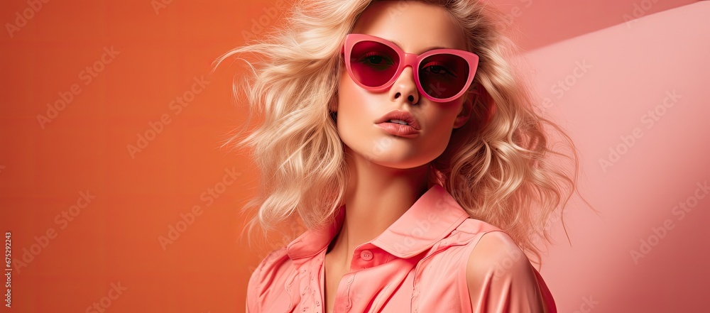 Piękna kobieta w różowych okularach przeciwsłonecznych.  - obrazy, fototapety, plakaty 