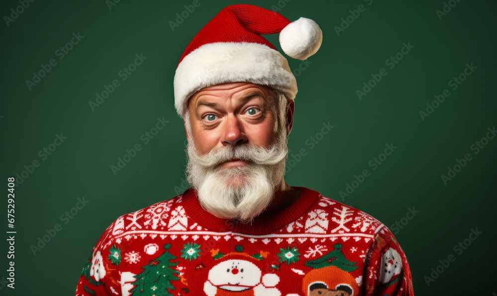 Studio portrait of a trendy Father Christmas character wearing a festive christmas ugly jumper - obrazy, fototapety, plakaty 