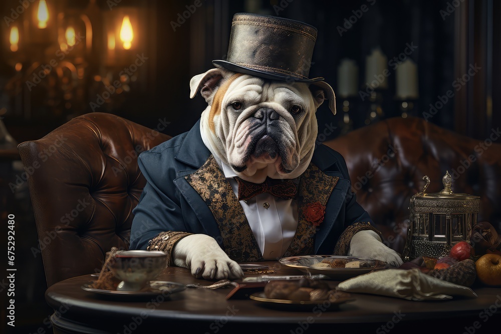 Bulldog w garniturze siedzący w angielskim barze.  - obrazy, fototapety, plakaty 