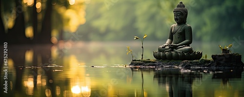 Figurka buddy stojąca nad spokojnym jeziorem przy antycznej świątyni. 