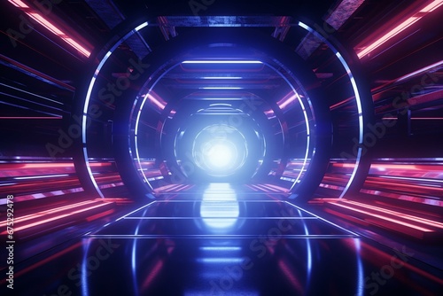 Futuristic stage with neon-lit tunnel, laser beams, and cyber grunge reflections in an underground garage. Generative AI
