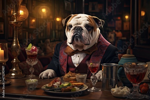 Bulldog w garniturze siedzący w angielskim barze.  © Bear Boy 