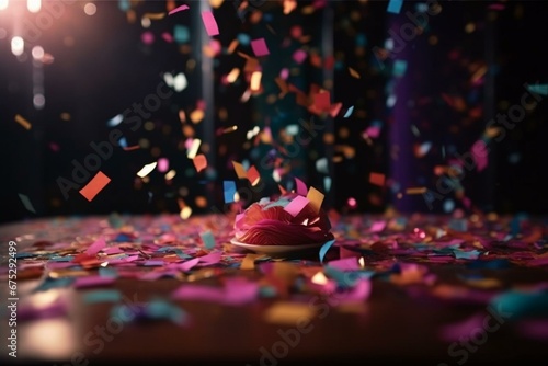 Party atmosphere with colorful confetti falling against a festive backdrop. Generative AI