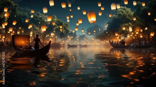 A summer festival with lanterns floating down a river.
