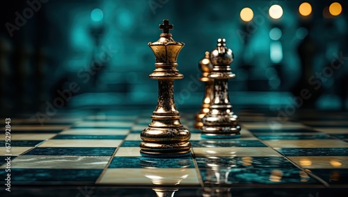 Figurki szachowe stojące na szachownicy. 