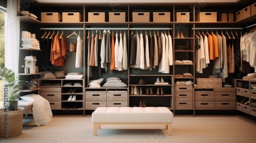 Modern walk in wardrobe with clothes hanging on rods, Dressing room, Shelves and drawers. © visoot