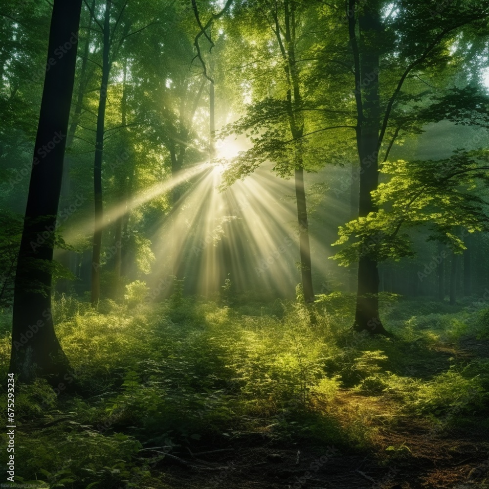 Fototapeta premium A forest in the early morning with sunlight. Generative AI