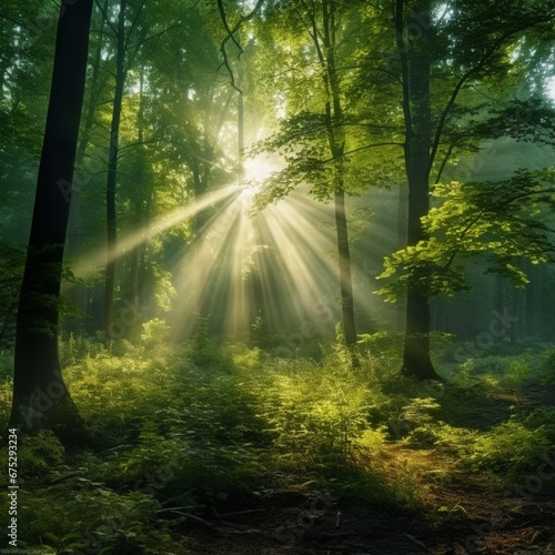 A forest in the early morning with sunlight. Generative AI © 영수 최