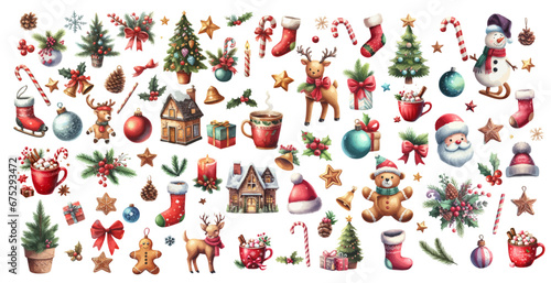 Set of christmas watercolor elements. Holidays clipart for christmas card, sticker and print.