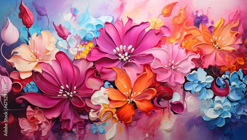 Abstrakcyjny obraz z kolorowymi kwiatami. 