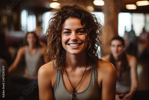 Woman smiling in yoga class at gym with people around her.