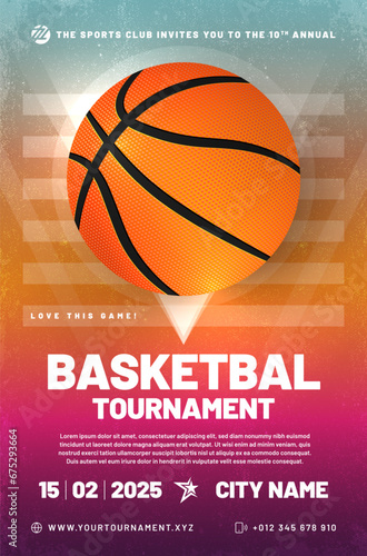 Basketball tournament poster template with ball and grungy texture background