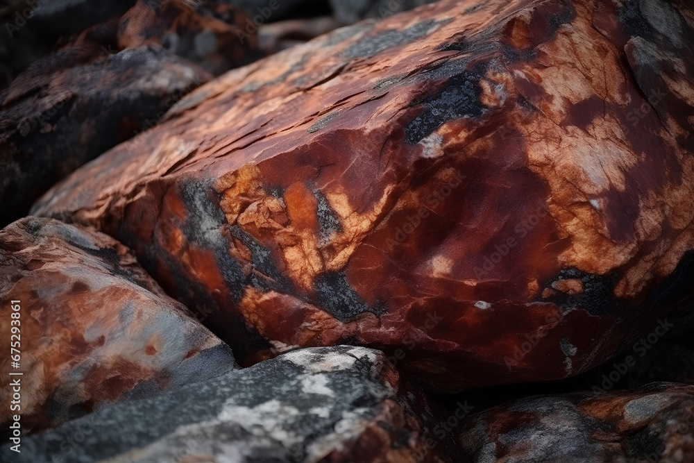 Dark red-gray stones with cracks. Photorealistic image. Rocks. AI generated illustration.