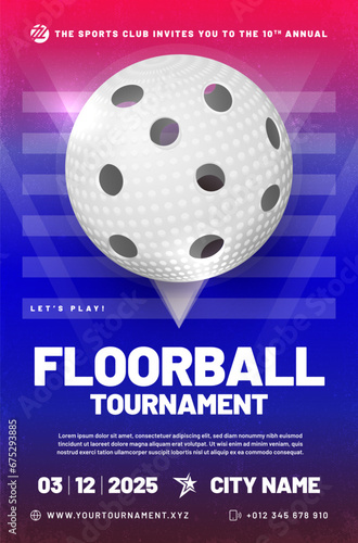Floorball tournament poster template with ball and grungy texture background