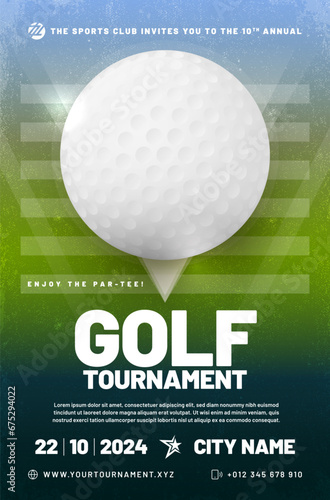 Golf tournament poster template with ball and grungy texture background