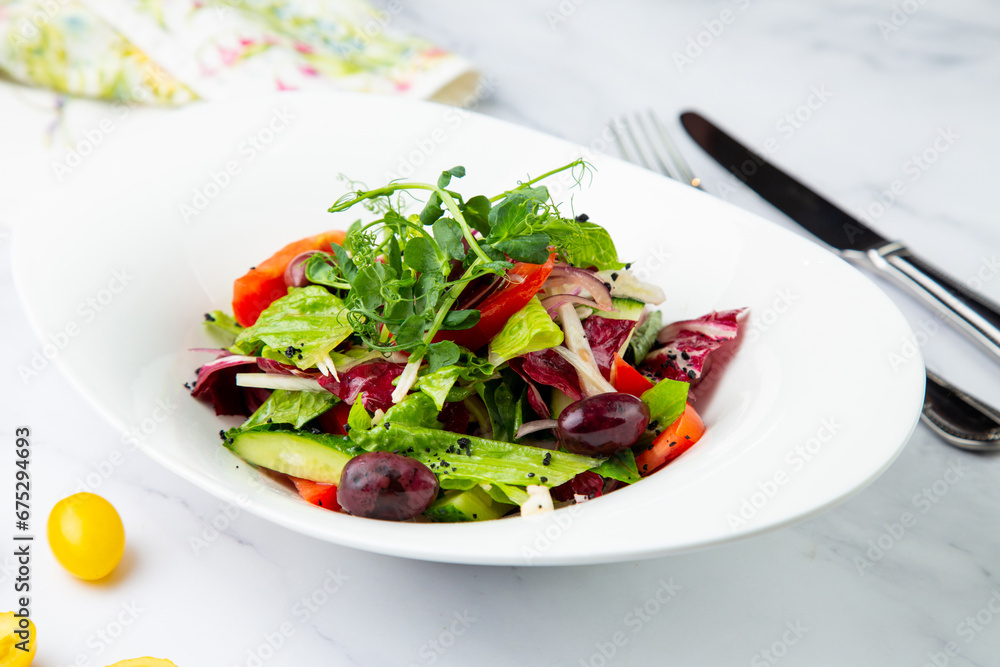salad of greens, lettuce leaves, cucumbers, pink onions, side view salad of greens, lettuce leaves, cucumbers, pink onions, side view
