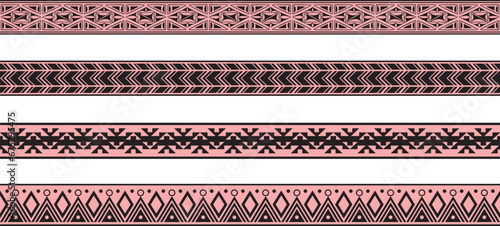 Vector set of pink and black Native American ornamental seamless borders. Framework of the peoples of America, Aztecs, Maya, Incas..