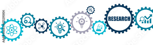 Research banner vector illustration with the icons of innovation, science, experiments, laboratory, analysis, discovery on white background.