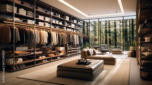 Modern walk in wardrobe with clothes hanging on rods, Shelves and drawers, Dressing room with space for storing and organizing. Interior design of luxury walk in closet. © visoot