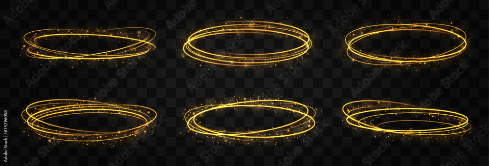 Light effect lines gold. Glowing light fire ring trace. Magic fire circles swirls on transparent background. - obrazy, fototapety, plakaty 