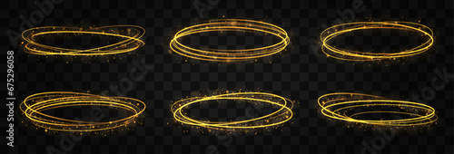 Light effect lines gold. Glowing light fire ring trace. Magic fire circles swirls on transparent background.