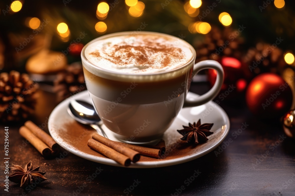 Christmas aesthetics drink, Festive coffee with cinnamon and cardamom among Christmas decorations. Christmas aesthetics drink, Festive coffee with cinnamon and cardamom among Christmas decorations.