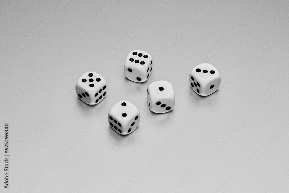 Still life five white and black dice on white background
Still life five white and black dice on white background