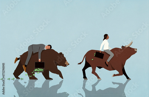 Investors riding bull and bear market with money briefcase
 photo