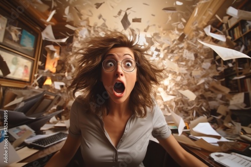 A middle aged woman at her office desk, Shocked as her organized set up turns into a chaotic mess.