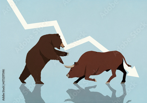 Bull and bear fighting under falling stock market arrow
 photo