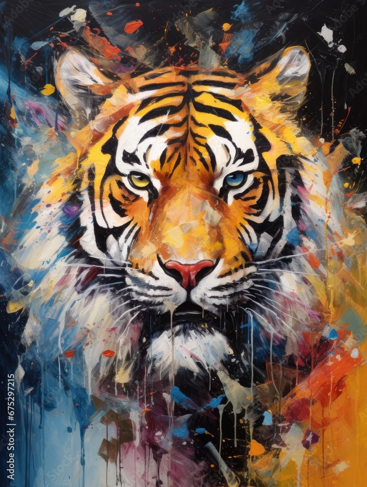 Abstract, vibrant tiger painting with bold strokes and fierce expression on canvas.