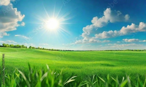 A Beautiful Natural Landscape Featuring a Green Field Blanketed in Grass  Set Against a Blue Sunlit Sky     A Blurred Background Evoking the Splendor of Spring and Summer