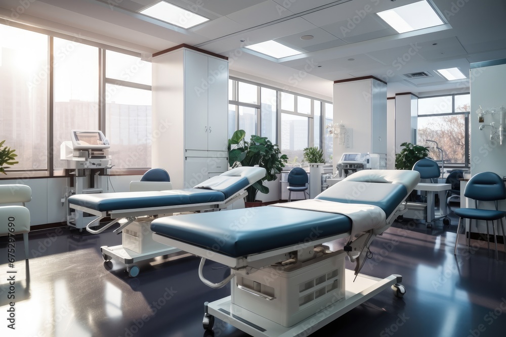 A modern physical therapy office with Medical exam tables, Athletic rehab equipment.