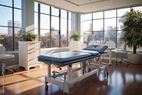 A modern physical therapy office with Medical exam tables, Athletic rehab equipment. photo