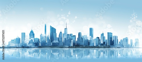 The city s breathtaking skyline adorned with tall architecture and shimmering blue skyscrapers symbolizes the fusion of business technology and construction showcasing the innovative work o